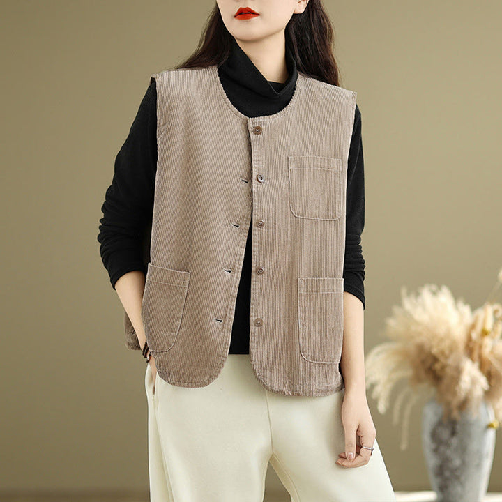 Gilet en coton côtelé avec poches et boutons Buddha Stones pour femme - Tanné - US8-10，UK/AU12-14，EU40-42 (2XL) - image 1