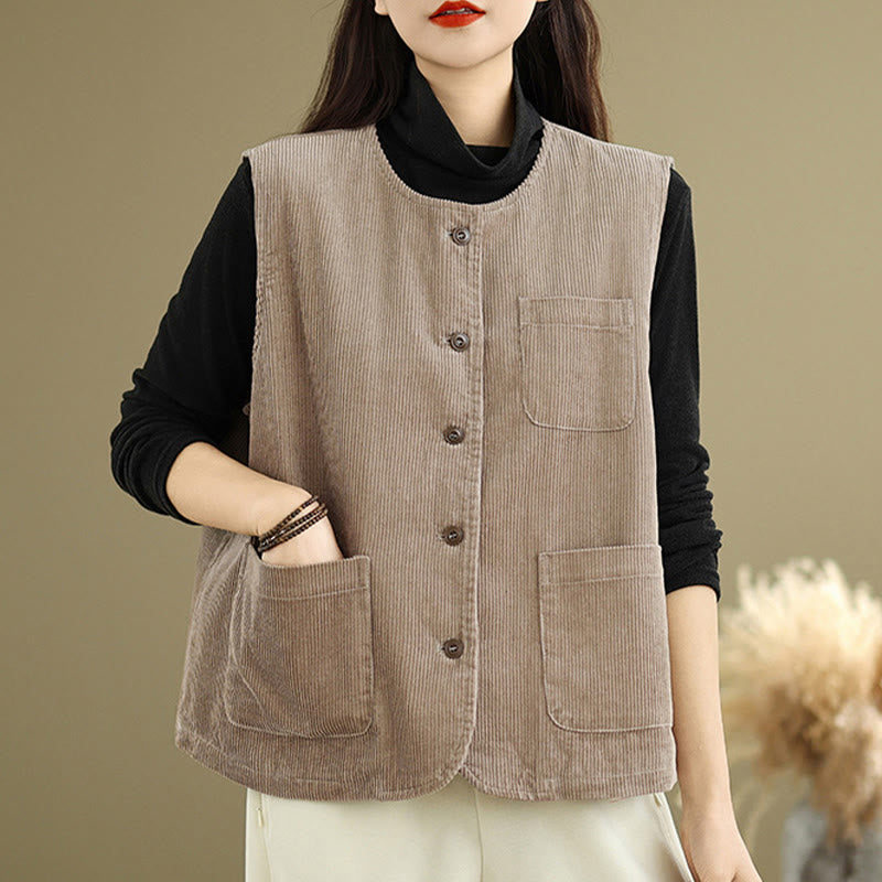 Gilet en coton côtelé avec poches et boutons Buddha Stones pour femme - image 4