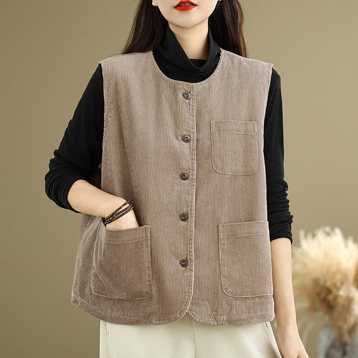 Gilet en coton côtelé avec poches et boutons Buddha Stones pour femme - image 4
