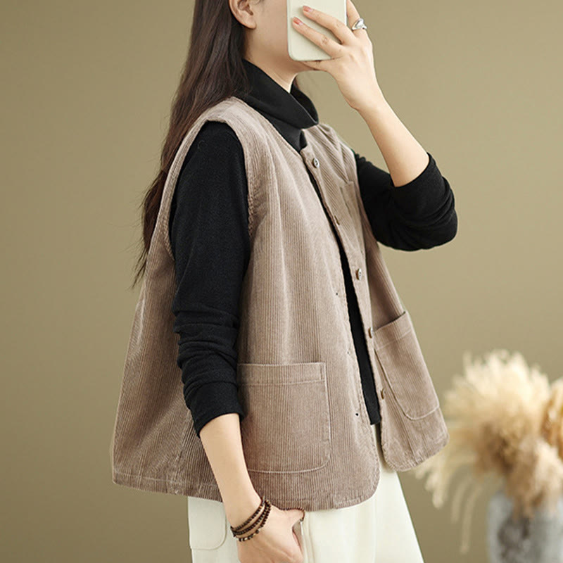 Gilet sans manches en coton avec poches et boutons en velours côtelé Buddha Stones pour femme - image 4