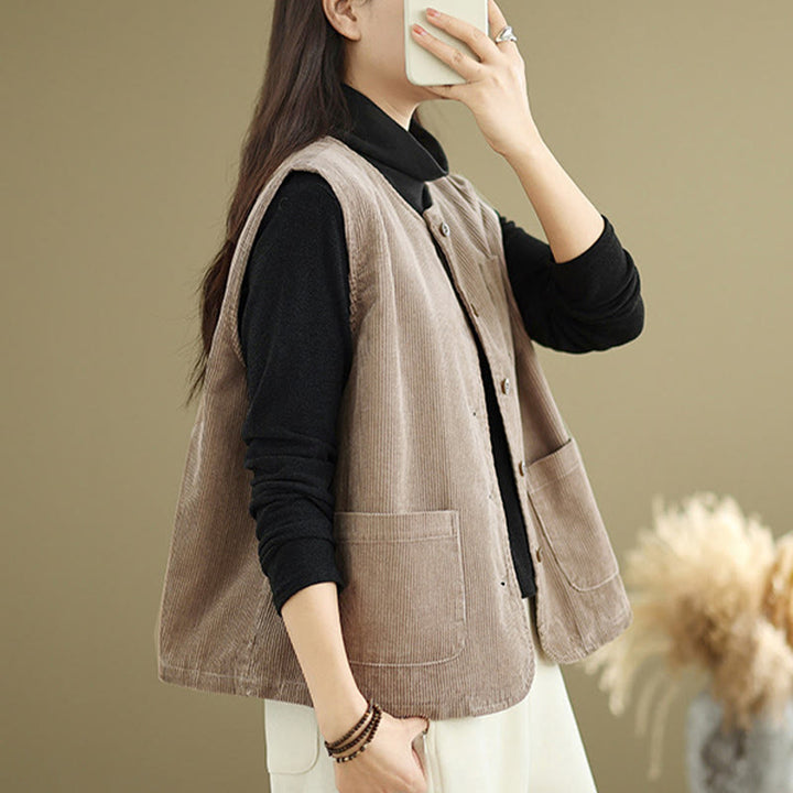 Gilet sans manches en coton avec poches et boutons en velours côtelé Buddha Stones pour femme - image 4