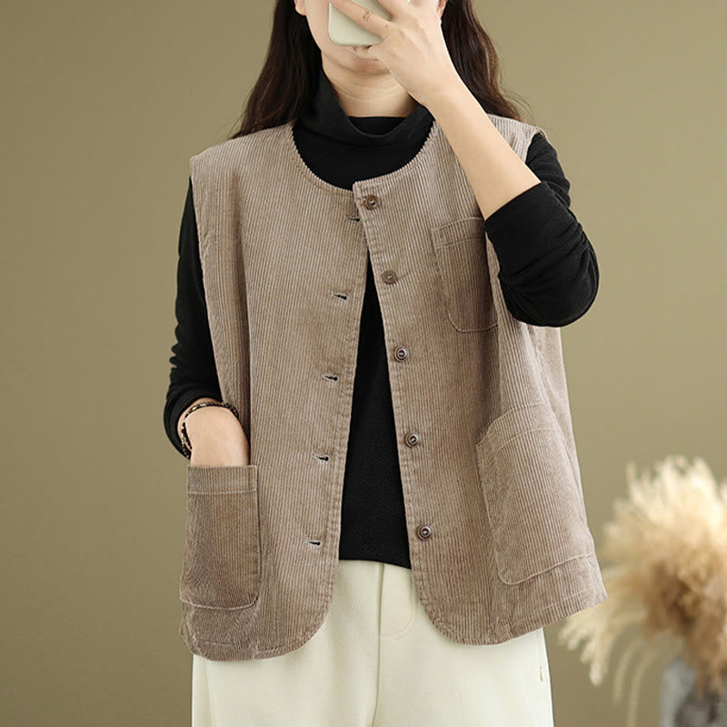 Gilet en coton côtelé avec poches et boutons Buddha Stones pour femme - image 3