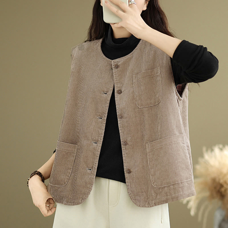 Gilet sans manches en coton avec poches et boutons en velours côtelé Buddha Stones pour femme - image 5