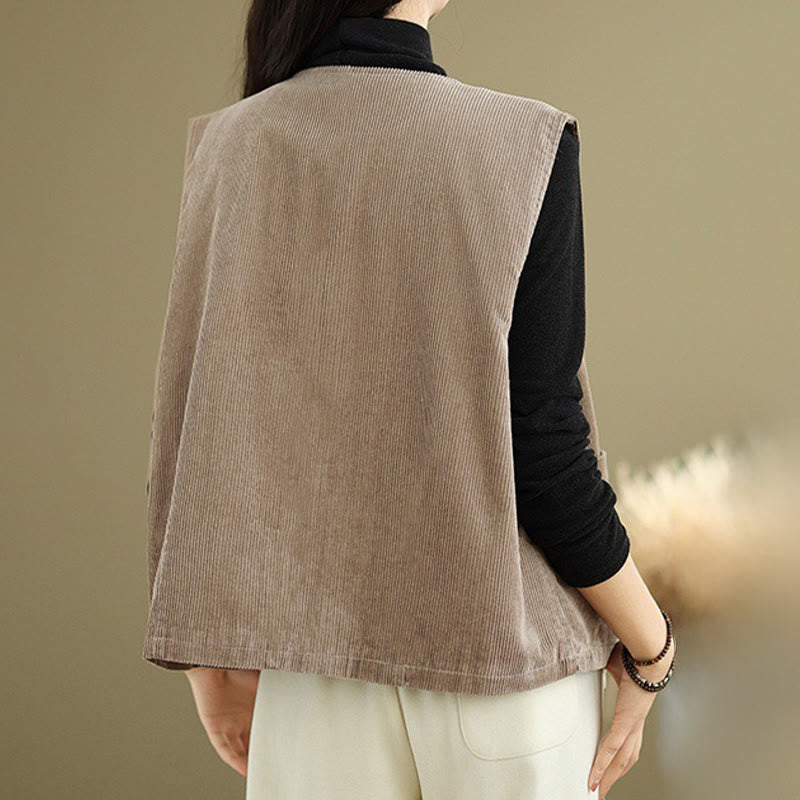 Gilet sans manches en coton avec poches et boutons en velours côtelé Buddha Stones pour femme - image 6