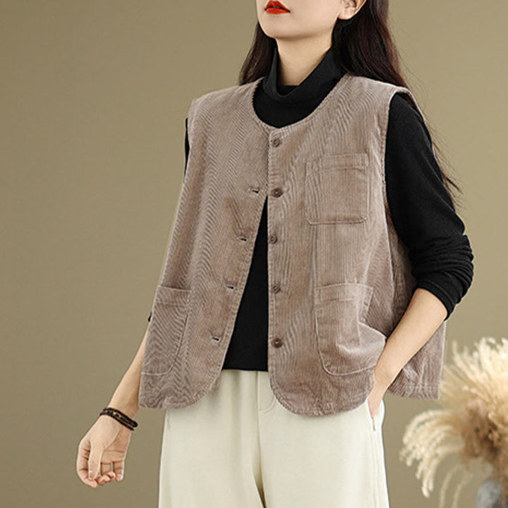 Gilet en coton côtelé avec poches et boutons Buddha Stones pour femme - image 2