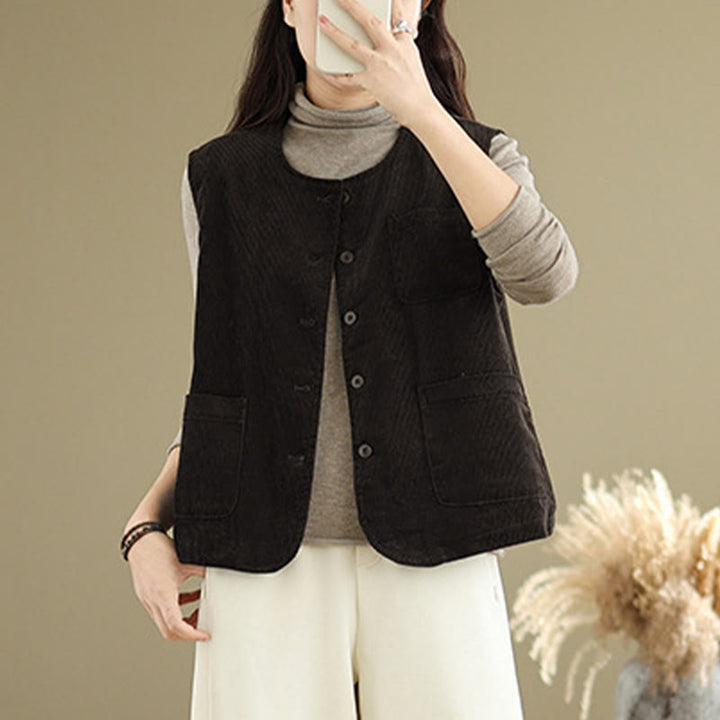 Gilet en coton côtelé avec poches et boutons Buddha Stones pour femme - image 13