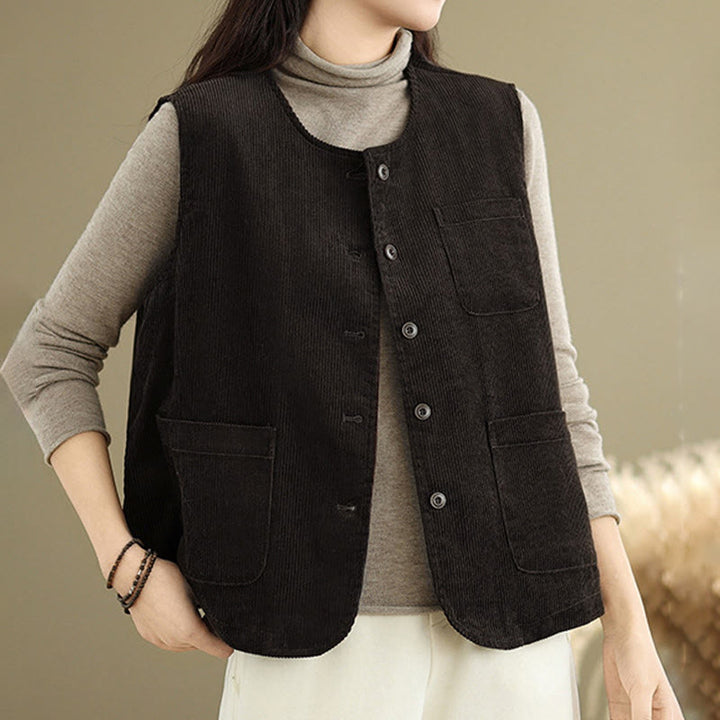 Gilet sans manches en coton avec poches et boutons en velours côtelé Buddha Stones pour femme - SaddleBrown - US8-10，UK/AU12-14，EU40-42 (2XL) - image 7