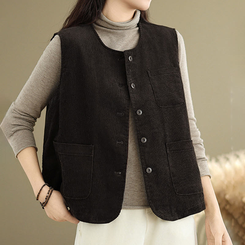 Gilet en coton côtelé avec poches et boutons Buddha Stones pour femme - SaddleBrown - US8-10，UK/AU12-14，EU40-42 (2XL) - image 8