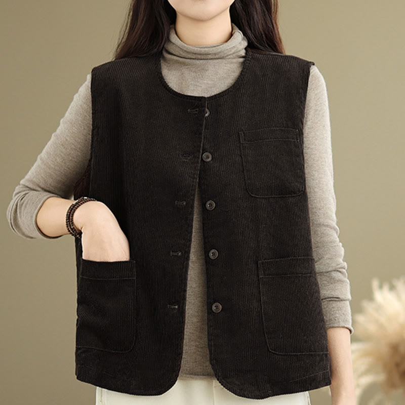 Gilet sans manches en coton avec poches et boutons en velours côtelé Buddha Stones pour femme - image 11