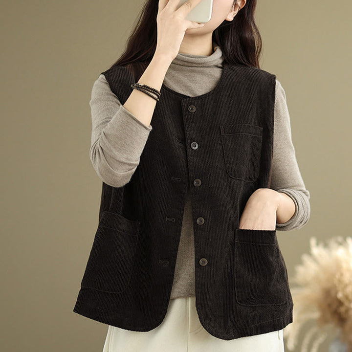 Gilet sans manches en coton avec poches et boutons en velours côtelé Buddha Stones pour femme - image 10