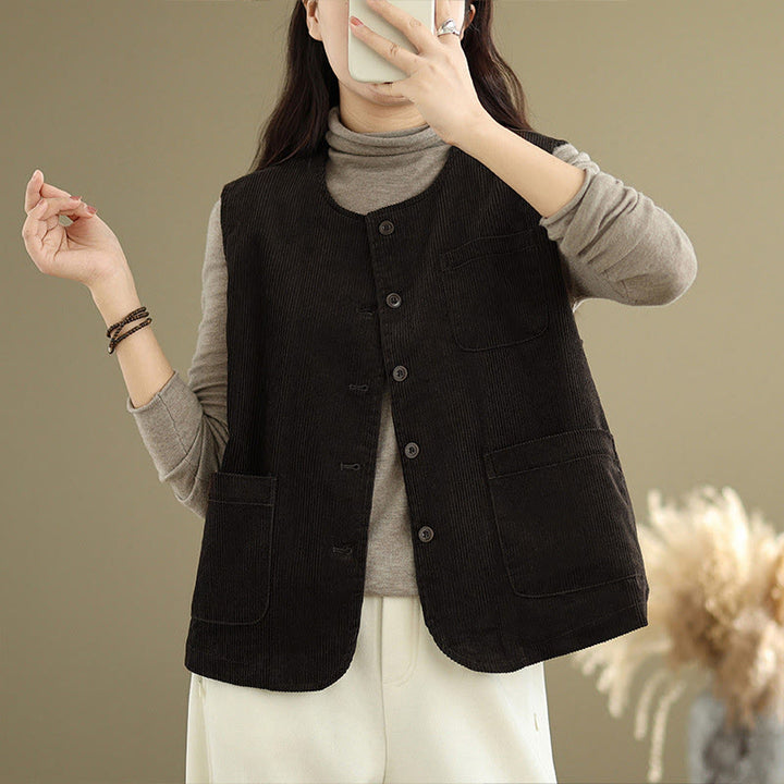 Gilet en coton côtelé avec poches et boutons Buddha Stones pour femme - image 10