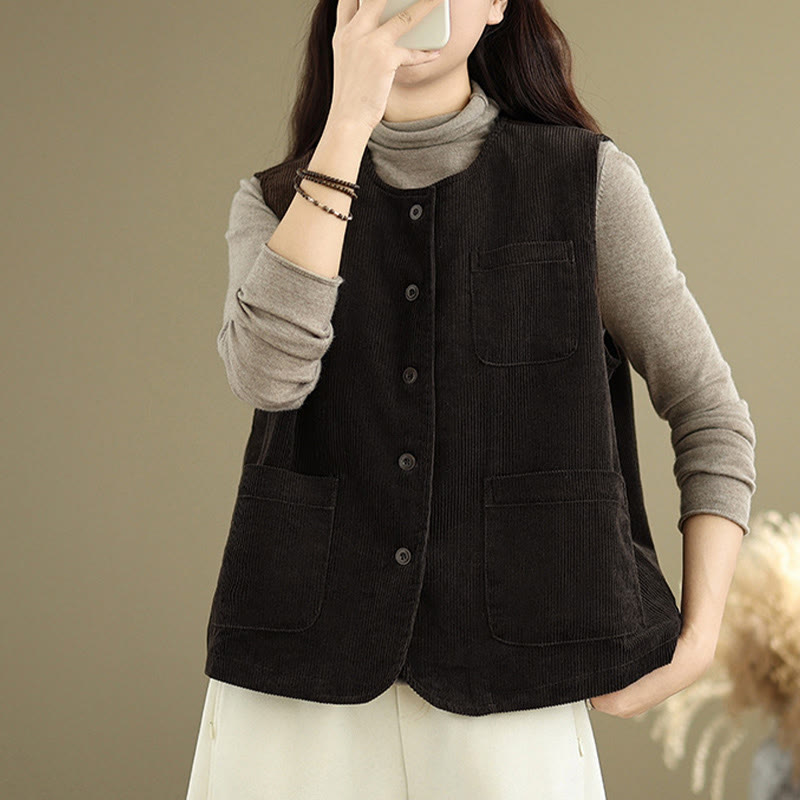 Gilet en coton côtelé avec poches et boutons Buddha Stones pour femme - image 9