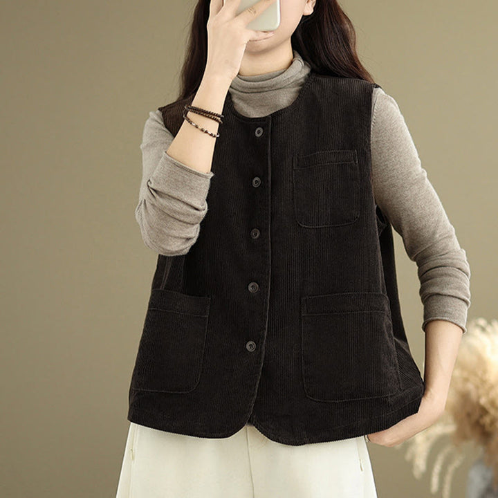 Gilet en coton côtelé avec poches et boutons Buddha Stones pour femme - image 9