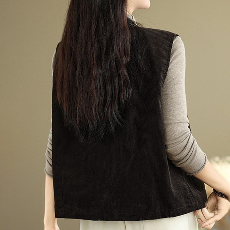 Gilet en coton côtelé avec poches et boutons Buddha Stones pour femme - image 15