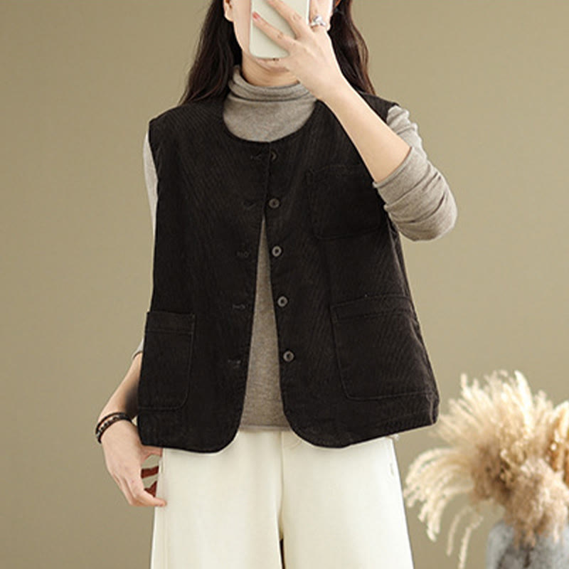 Gilet sans manches en coton avec poches et boutons en velours côtelé Buddha Stones pour femme - image 12