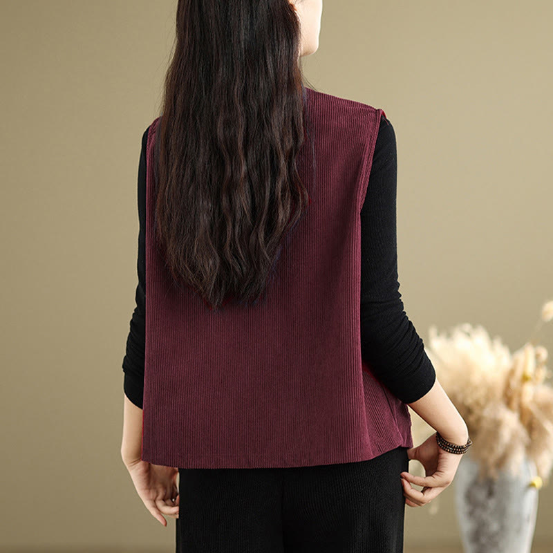 Gilet sans manches en coton avec poches et boutons en velours côtelé Buddha Stones pour femme - image 23