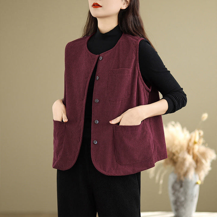 Gilet en coton côtelé avec poches et boutons Buddha Stones pour femme - image 22