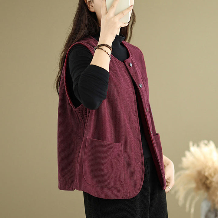 Gilet sans manches en coton avec poches et boutons en velours côtelé Buddha Stones pour femme - image 20