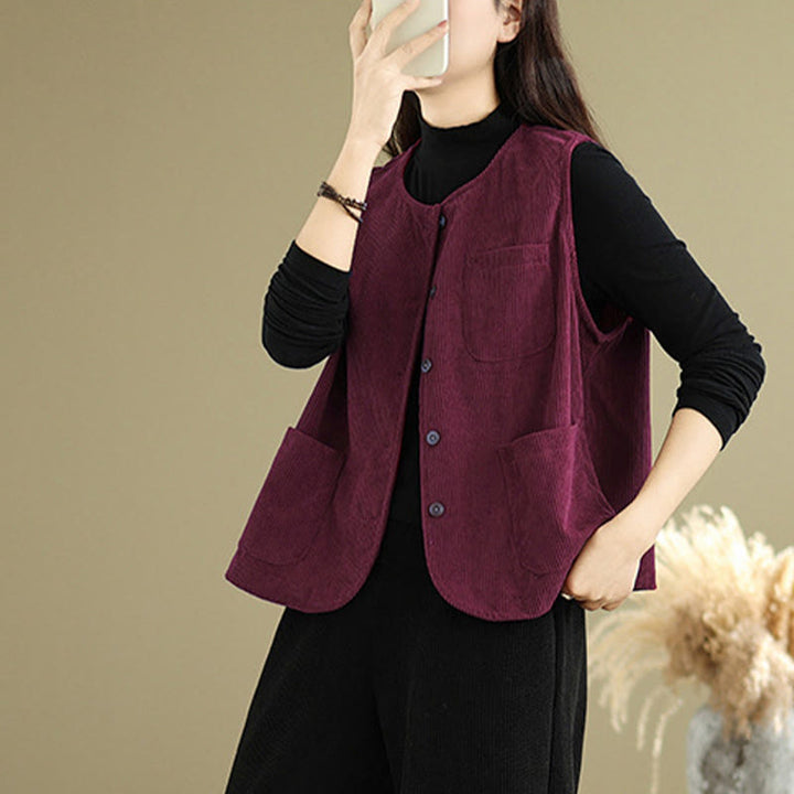 Gilet sans manches en coton avec poches et boutons en velours côtelé Buddha Stones pour femme - image 19