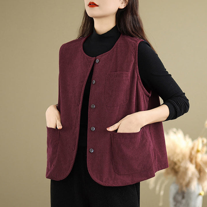 Gilet sans manches en coton avec poches et boutons en velours côtelé Buddha Stones pour femme - image 22