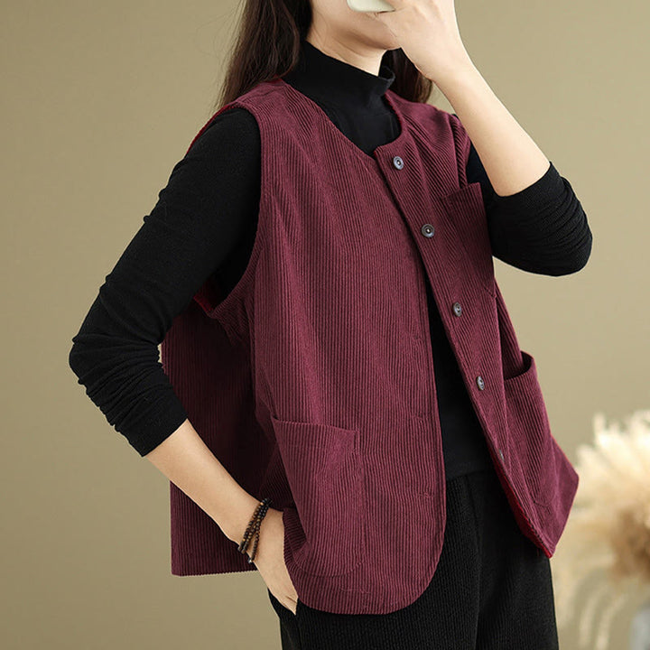 Gilet en coton côtelé avec poches et boutons Buddha Stones pour femme - image 25