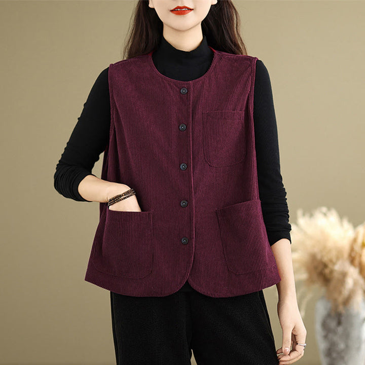 Gilet en coton côtelé avec poches et boutons Buddha Stones pour femme - Rouge indien - US8-10，UK/AU12-14，EU40-42 (2XL) - image 19