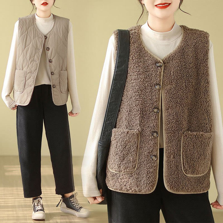 Gilet sans manches en fibre de viscose double face avec poches pour femme Motif Buddha Stones - BurlyWood - US12，UK/AU16，EU44 (2XL) - image 0