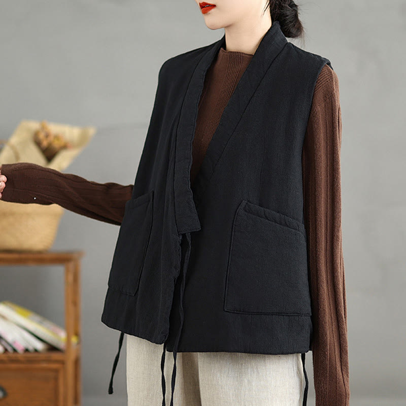 Gilet en coton uni à lacets et poches pour femme Motif Buddha Stones - image 5