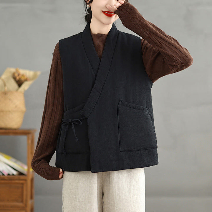 Gilet en coton uni à lacets et poches pour femme Motif Buddha Stones - image 4