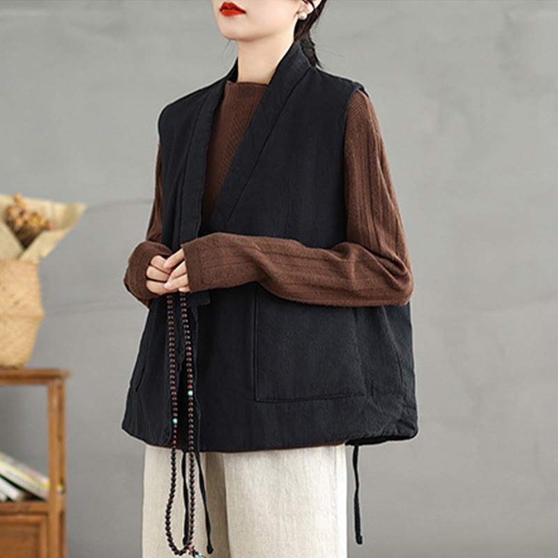 Gilet en coton uni à lacets et poches pour femme Motif Buddha Stones - image 2