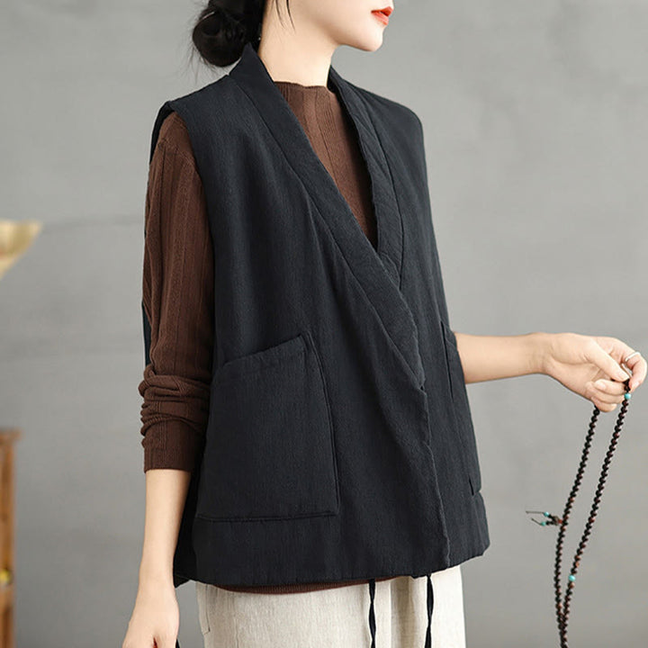 Gilet en coton uni à lacets et poches pour femme Motif Buddha Stones - image 6