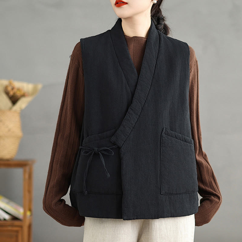 Gilet en coton uni à lacets et poches pour femme Motif Buddha Stones - Noir - US12，UK/AU16，EU44 (2XL) - image 1