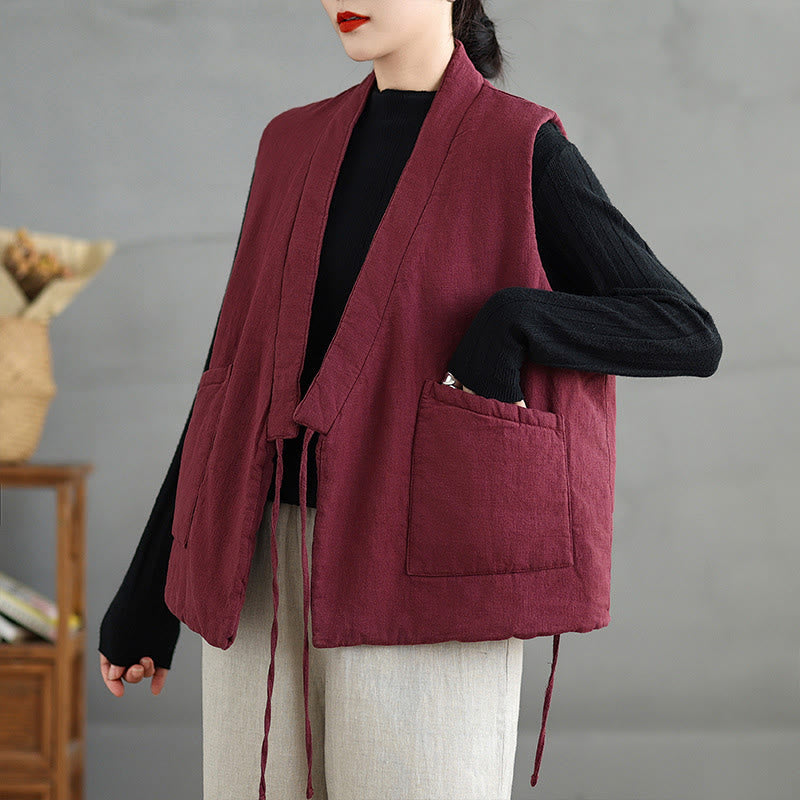 Gilet en coton uni à lacets et poches pour femme Motif Buddha Stones - image 8