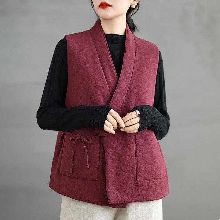 Gilet en coton uni à lacets et poches pour femme Motif Buddha Stones - Rouge indien - US12，UK/AU16，EU44 (2XL) - image 7