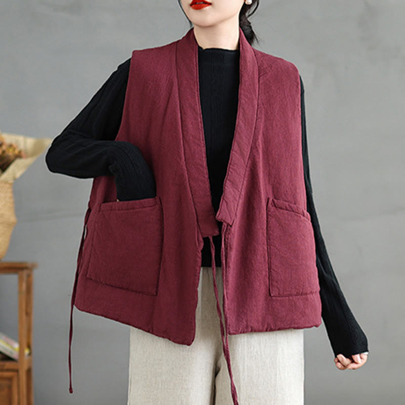 Gilet en coton uni à lacets et poches pour femme Motif Buddha Stones - image 9