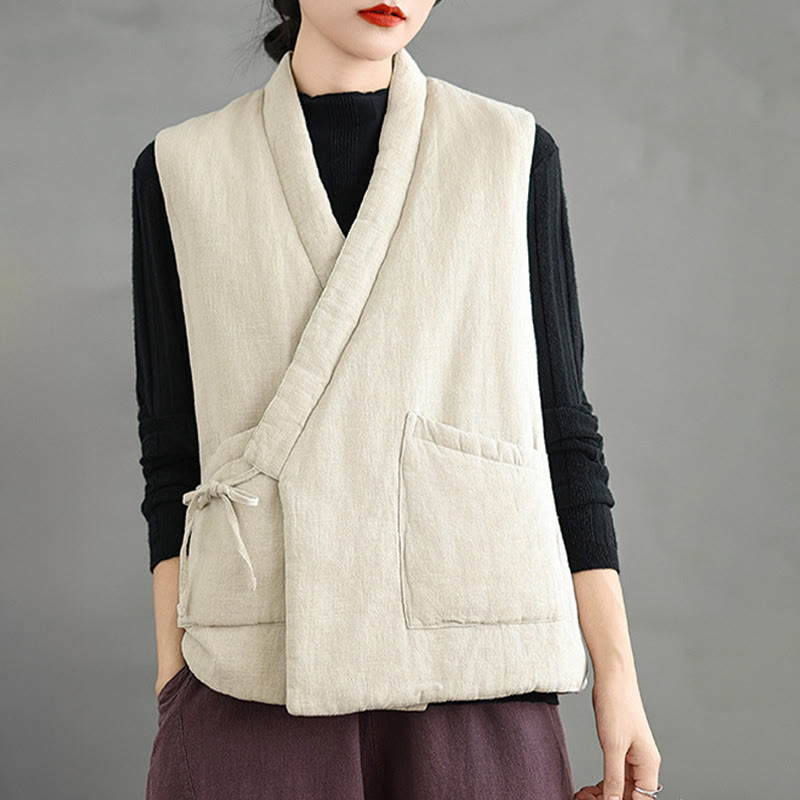 Gilet en coton uni à lacets et poches pour femme Motif Buddha Stones - Beige - US12，UK/AU16，EU44 (2XL) - image 17