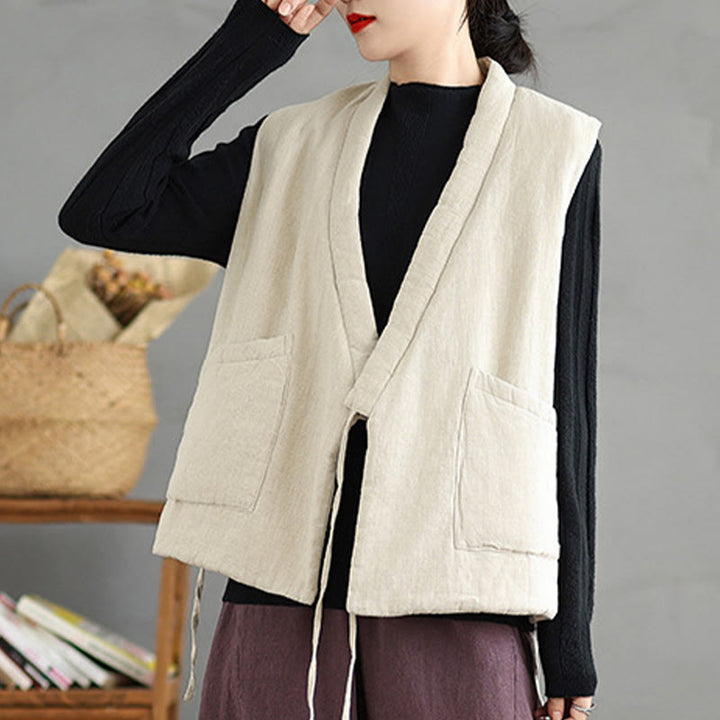 Gilet en coton uni à lacets et poches pour femme Motif Buddha Stones - image 18