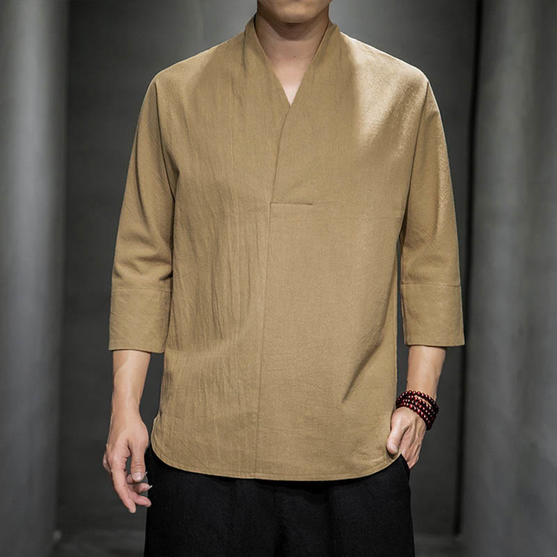 Chemise décontractée à col en V et manches trois-quarts en coton avec Buddha Stones pour homme - BurlyWood - États-Unis/Royaume-Uni/AU 44, EU 54 (5XL) - image 1