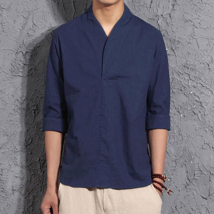 Chemise décontractée à col en V et manches trois-quarts en coton avec Buddha Stones pour homme - Bleu acier - États-Unis/Royaume-Uni/AU 44, EU 54 (5XL) - image 8
