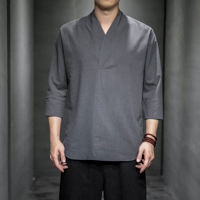 Chemise décontractée à col en V et manches trois-quarts en coton avec Buddha Stones pour homme - Gris - États-Unis/Royaume-Uni/AU 44, EU 54 (5XL) - image 5