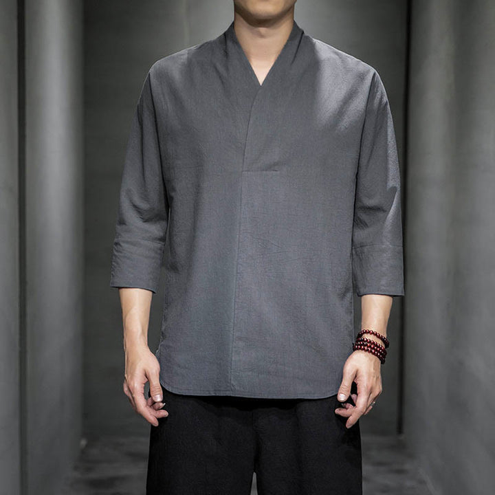 Chemise décontractée à col en V et manches trois-quarts en coton avec Buddha Stones pour homme - Gris - États-Unis/Royaume-Uni/AU 44, EU 54 (5XL) - image 5