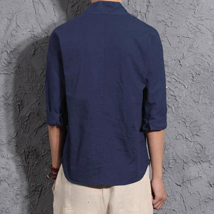 Chemise décontractée à col en V et manches trois-quarts Buddha Stones pour homme - image 8