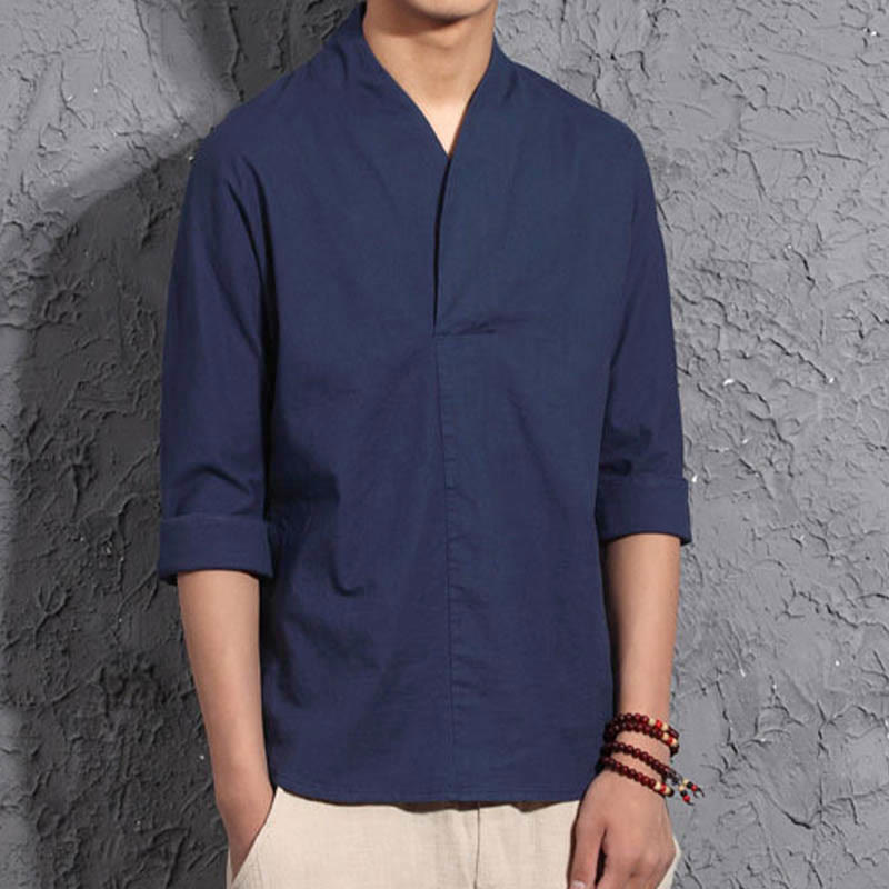 Chemise décontractée à col en V et manches trois-quarts en coton avec Buddha Stones pour homme - image 10
