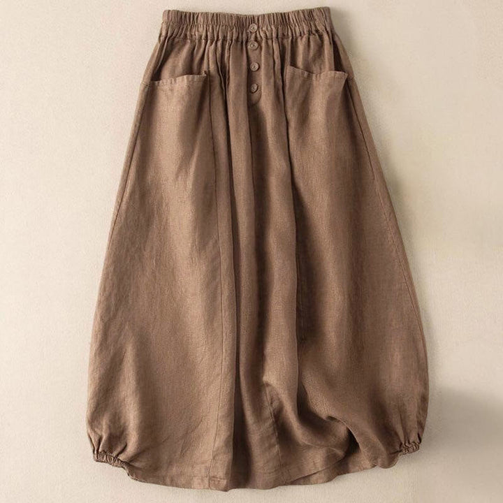 Jupe d'été à boutons et taille élastique pour femme, longueur 7-8, avec poches, style Buddha Stones - Verge d'or foncée - US16，UK/AU20，EU48 (5XL) - image 0