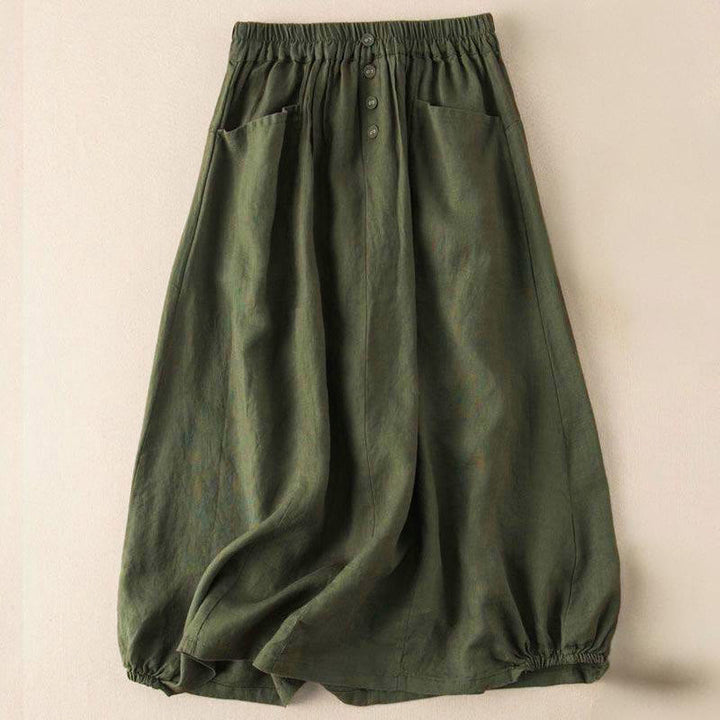 Jupe d'été à boutons et taille élastique pour femme, longueur 7-8, avec poches, style Buddha Stones - Vert olive foncé - US16，UK/AU20，EU48 (5XL) - image 5