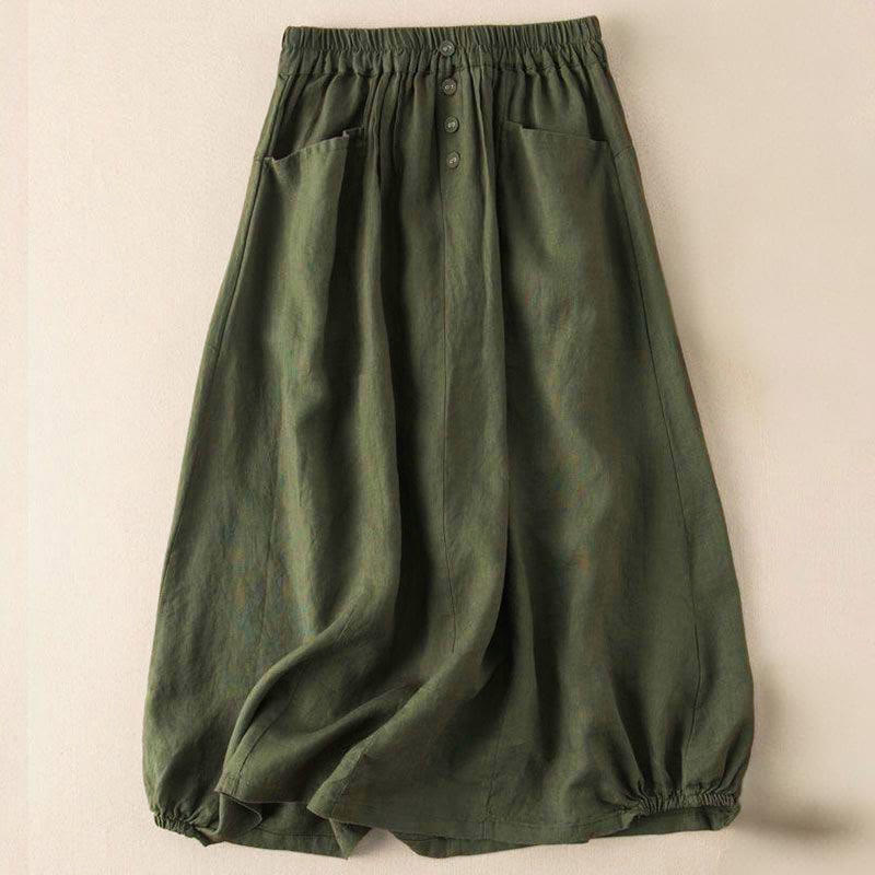 Jupe d'été à boutons et taille élastique pour femme, longueur 7-8, avec poches, style Buddha Stones - Vert olive foncé - US16，UK/AU20，EU48 (5XL) - image 4