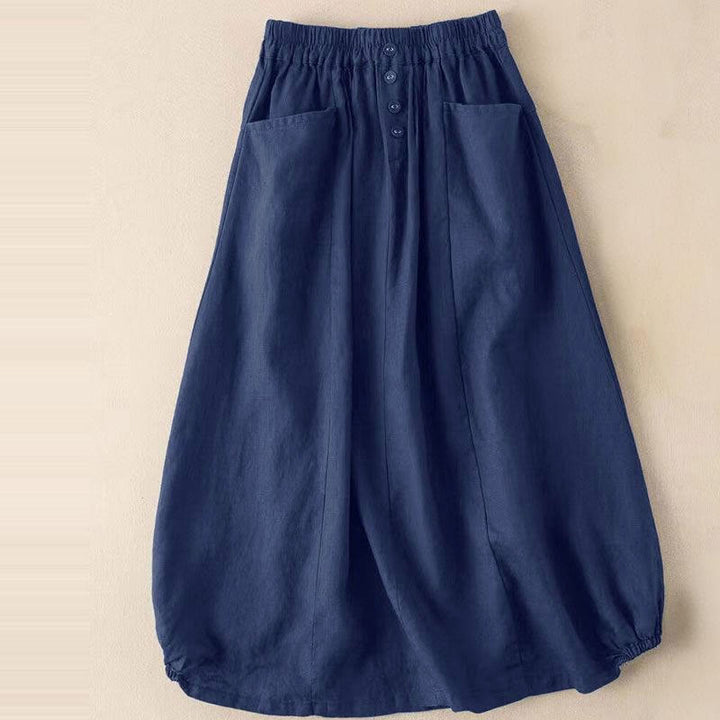 Jupe d'été à boutons et taille élastique pour femme, longueur 7-8, avec poches, style Buddha Stones - Marine - US16，UK/AU20，EU48 (5XL) - image 3