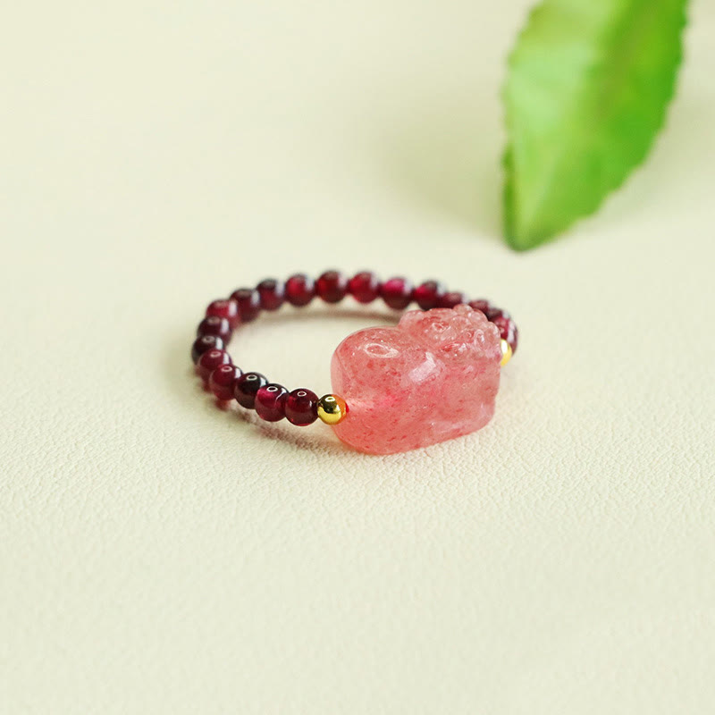 Bague de protection Pixiu en quartz fraise et pierres de Buddha Stones - image 6