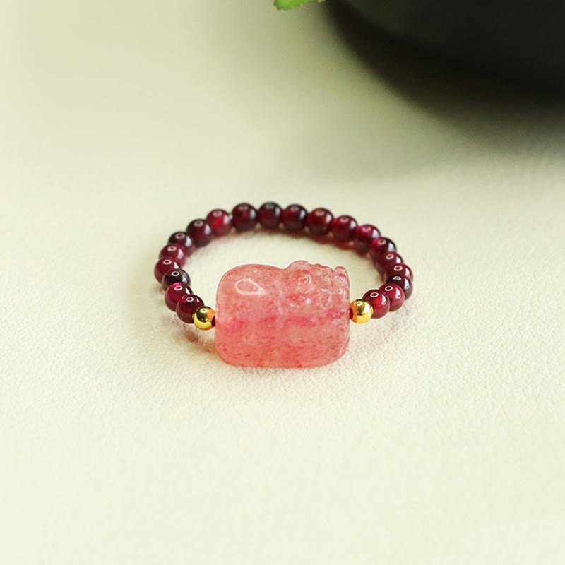 Bague de protection Pixiu en quartz fraise et pierres de Buddha Stones - image 2