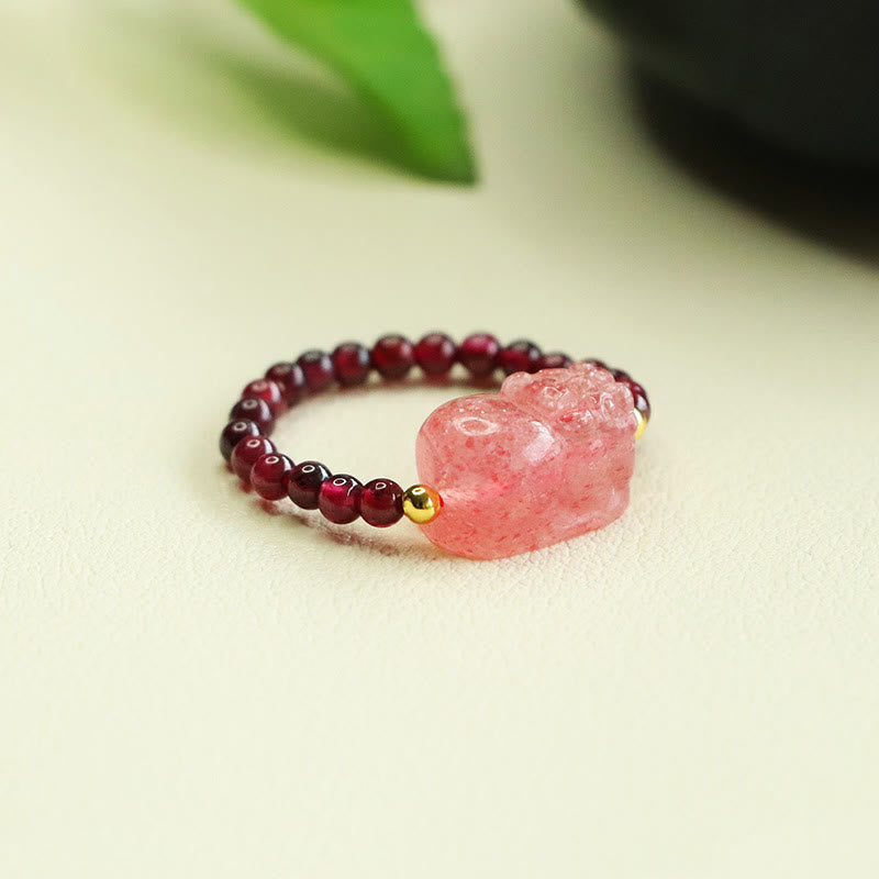 Bague de protection Pixiu en quartz fraise et pierres de Buddha Stones - image 3